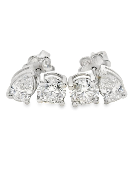 14K WHITE GOLD STUD EARRINGS LAB PEAR/ROUND DIAMOND WOMEN