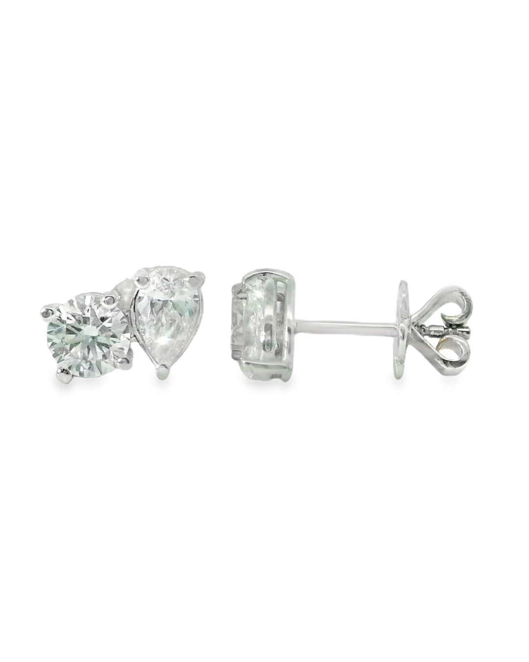 14K WHITE GOLD STUD EARRINGS LAB PEAR/ROUND DIAMOND WOMEN