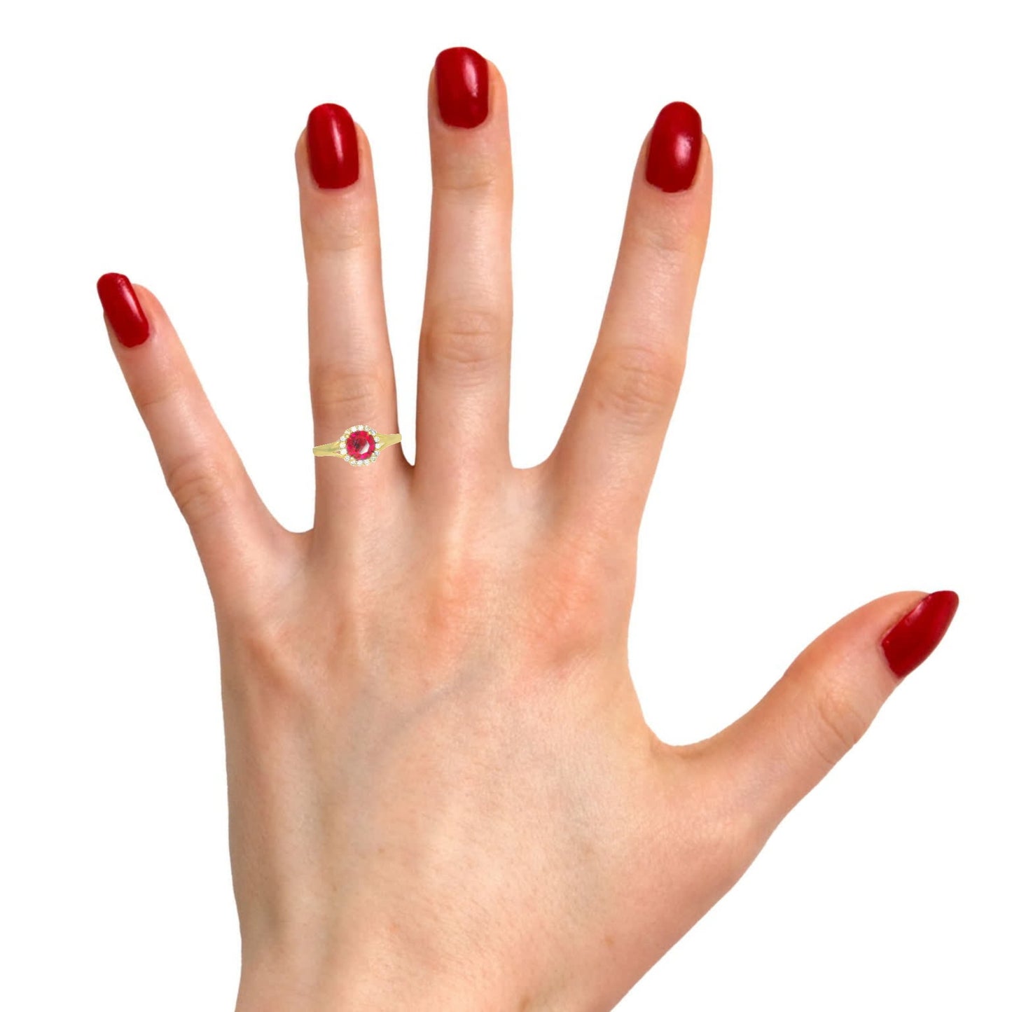 14K YELLOW GOLD RING SIZE 8 1/4 RED ROUND CZ 1.8G