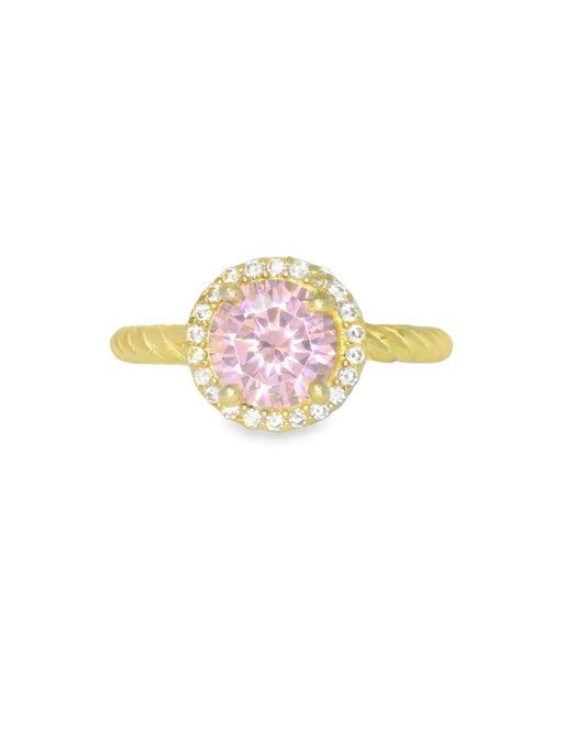 14K YELLOW GOLD RING SIZE 7 1/4 PINK ROUND CZ 3G