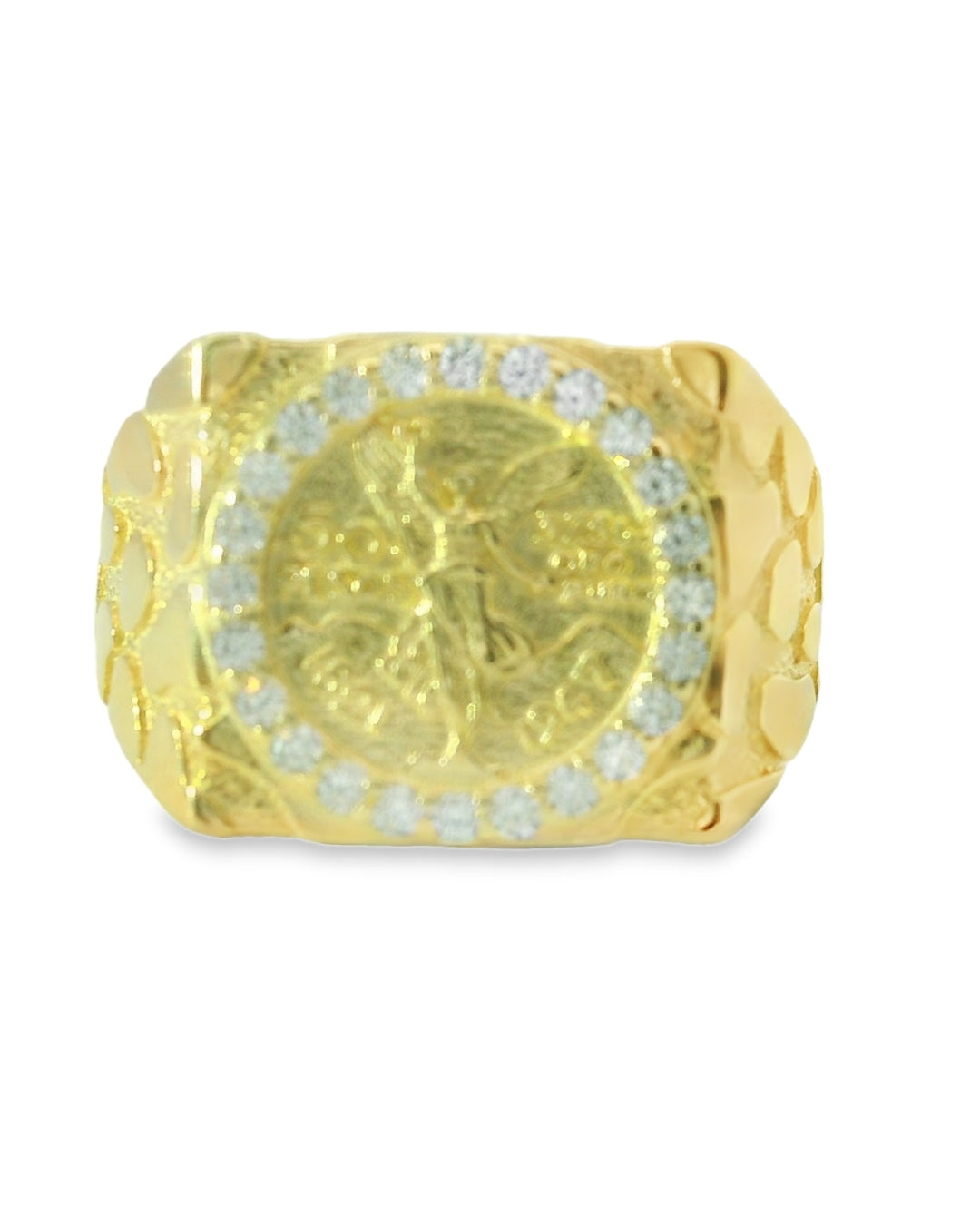 14K YELLOW GOLD SOLID NUGGET CENTENARIO RING SIZE 7 1/2 CZ 4.4G