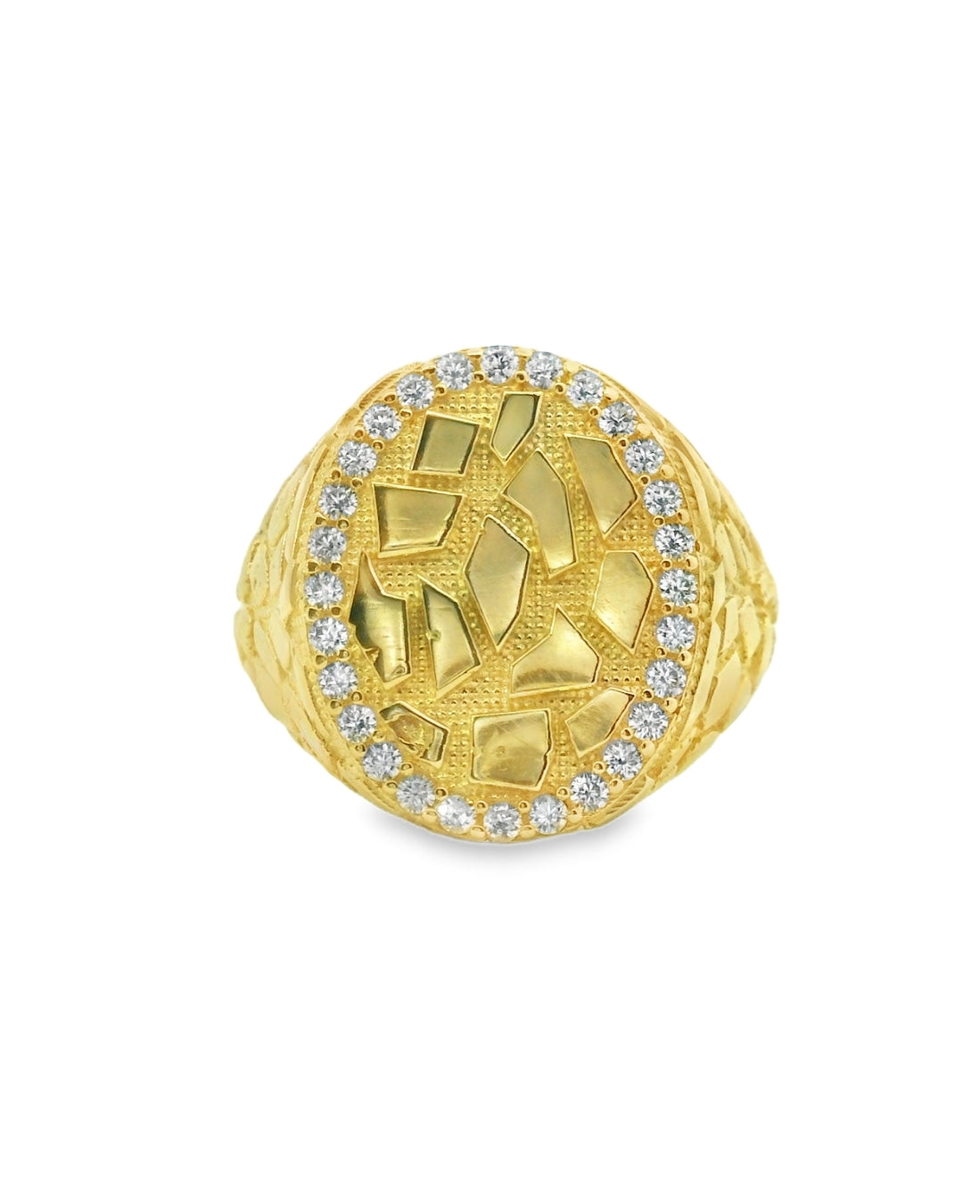 14K YELLOW GOLD SOLID OVAL NUGGET RING SIZE 9 3/4 CZ 5.8G