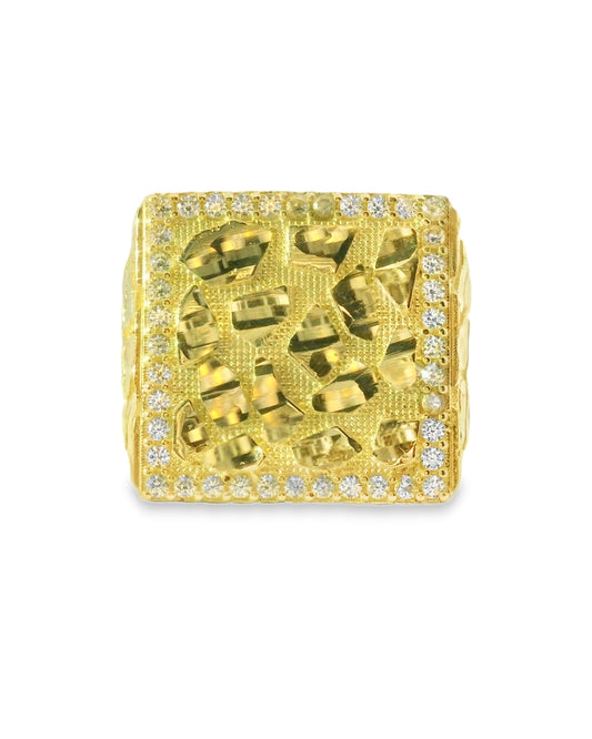 14K YELLOW GOLD SOLID NUGGET SQUARE RING SIZE 9 3/4 CZ 8.5G