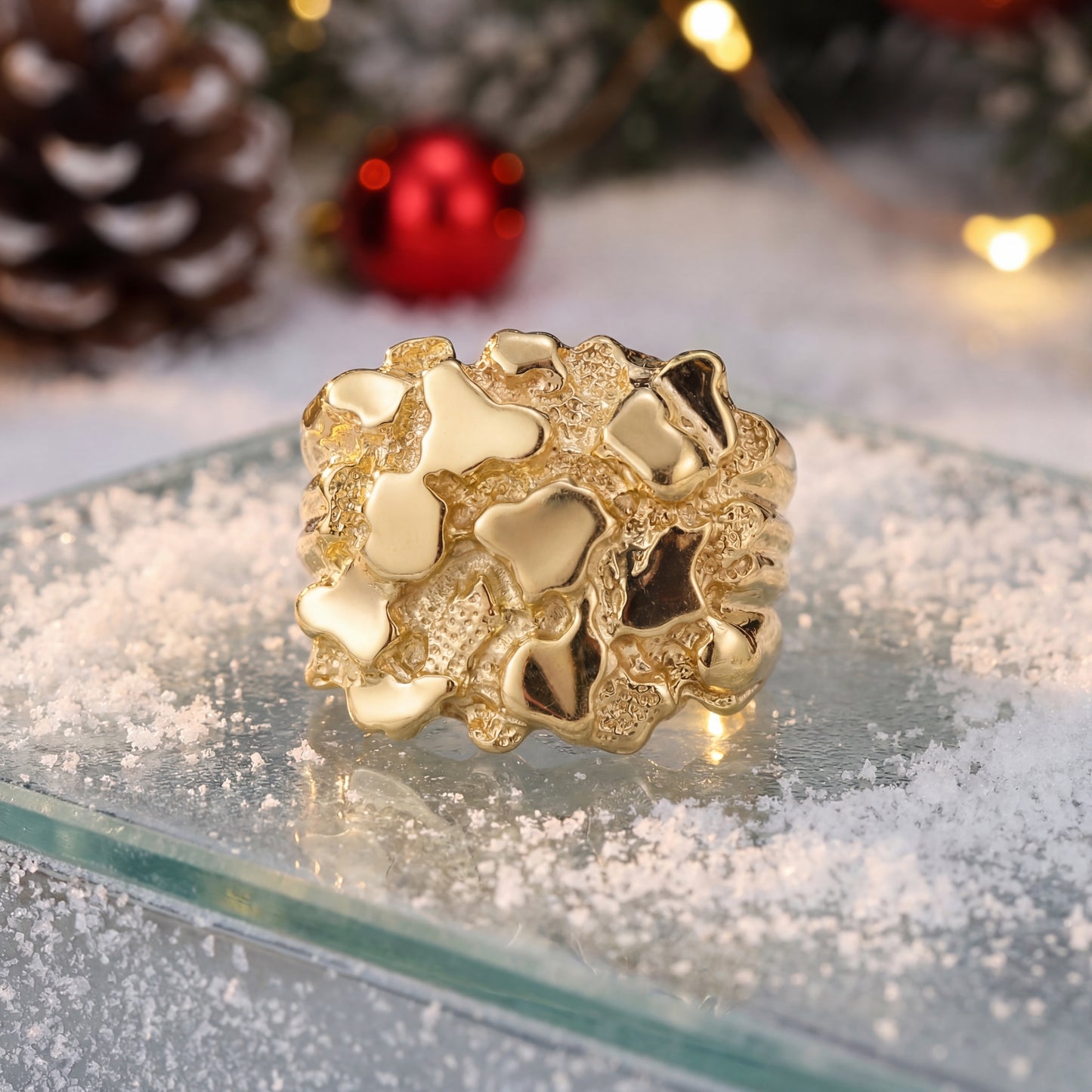 14K YELLOW GOLD SOLID NUGGET SQUARE RING SIZE 10 17.9G