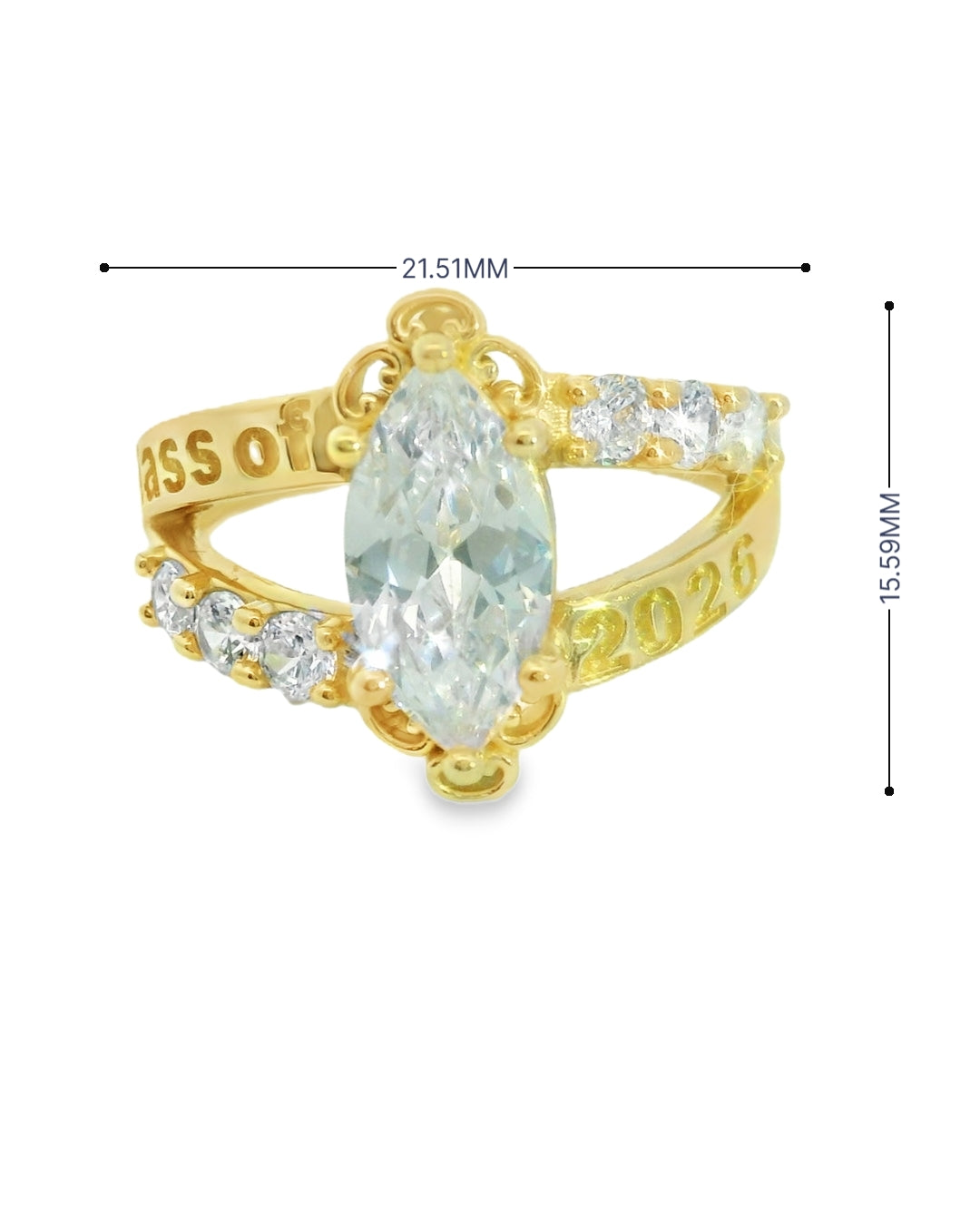 14K YELLOW GOLD SOLID 2026 GRADUATION MARQUISE SIZE 8 1/4 WHITE CZ 4.9G