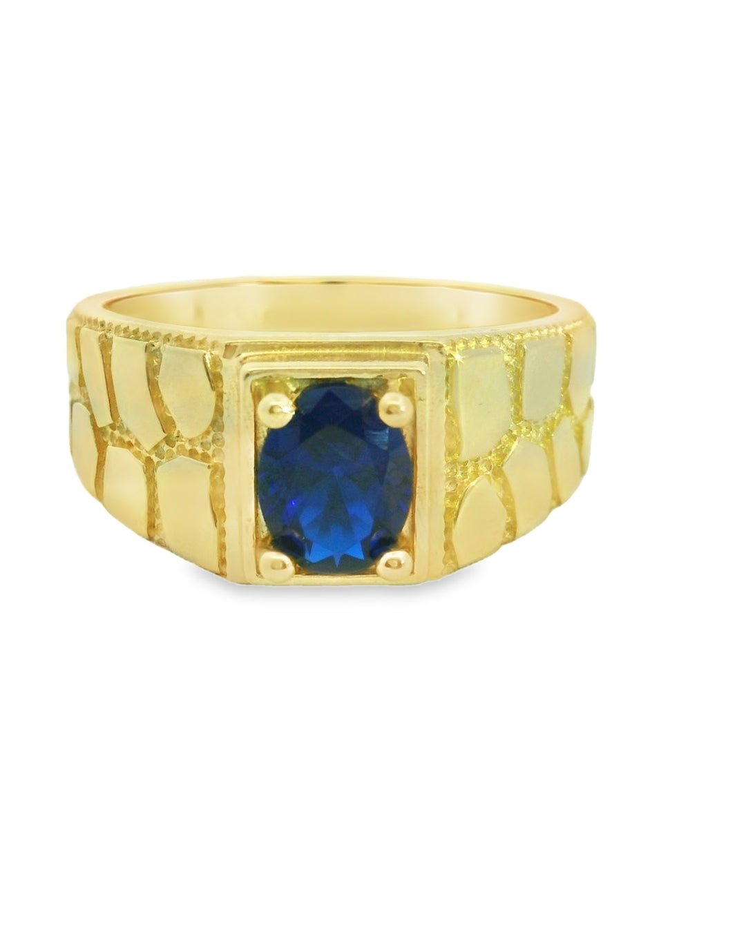14K YELLOW GOLD NUGGET RING SIZE 10 1/4 BLUE CZ 5.8G 23.09MM WIDTH 10.45MM LENGTH