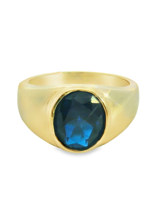 14K YELLOW GOLD SOLID RING SIZE 9 BLUE CZ 6.6G