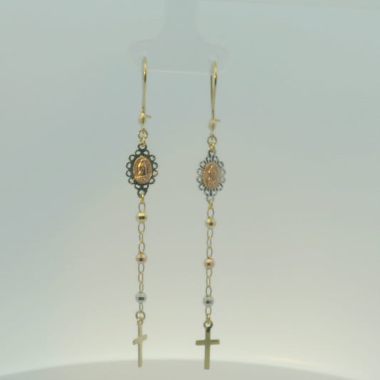 14K TRI COLOR ROSARY DANGLING EARRINGS WOMEN
