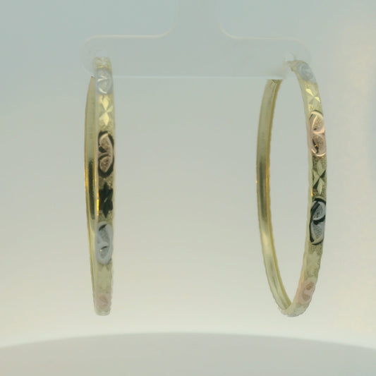 14K TRI COLOR GOLD FANCY HOOPS 46.60MM LENGTH 47.55MM WIDTH