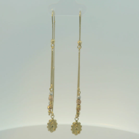 14K TRI COLOR GOLD VIRGIN MARY DANGLING BEAD EARRINGS WOMAN