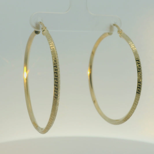 14K YELLOW GOLD GREEK KEY HIGH POLISH HOOPS 44.34MM LENGTH 40.81MM WIDTH