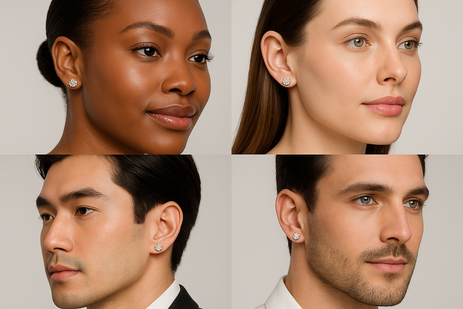 women & men wearing white gold stud earrings 4 prong 1.10ctw 